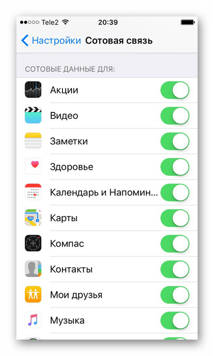 Отключение передачи сотовых данных для определённых приложений на iPhone