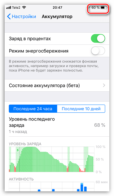 Текущий уровень заряда аккумулятора в процентах на iPhone