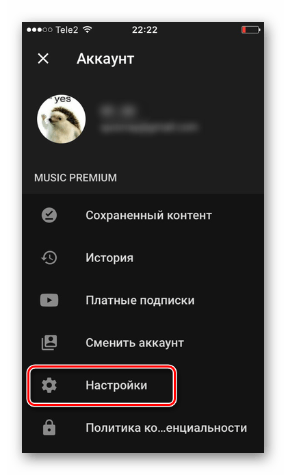 Настройки приложения YouTube Music на iPhone