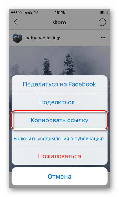 Копирование ссылки из приложения Instagram для сохранения картинки на iPhone