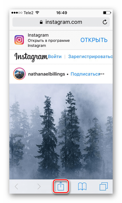 Нажатие по значку Поделиться для скачивания фото с Instagram на iPhone