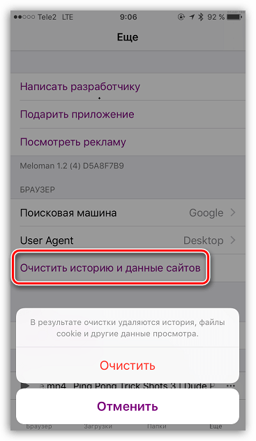 Возможность истории и данных сайтов в Меломан для iOS