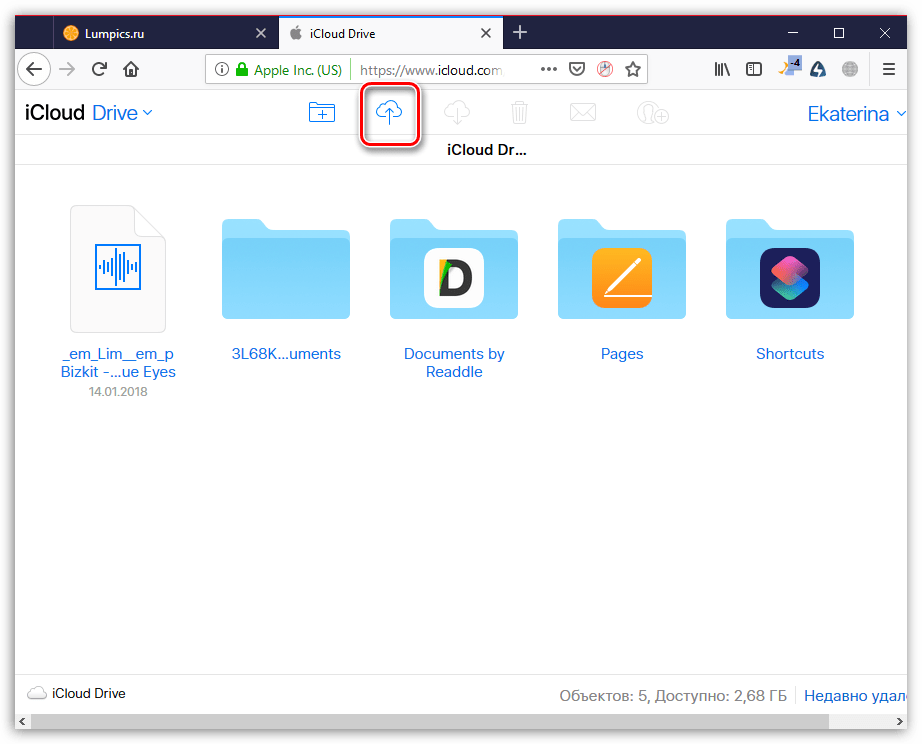 Загрузка нового документа на сайте iCloud