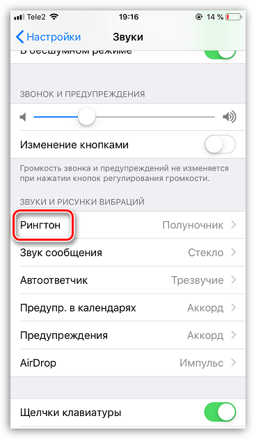 Раздел управления рингтонами на iPhone