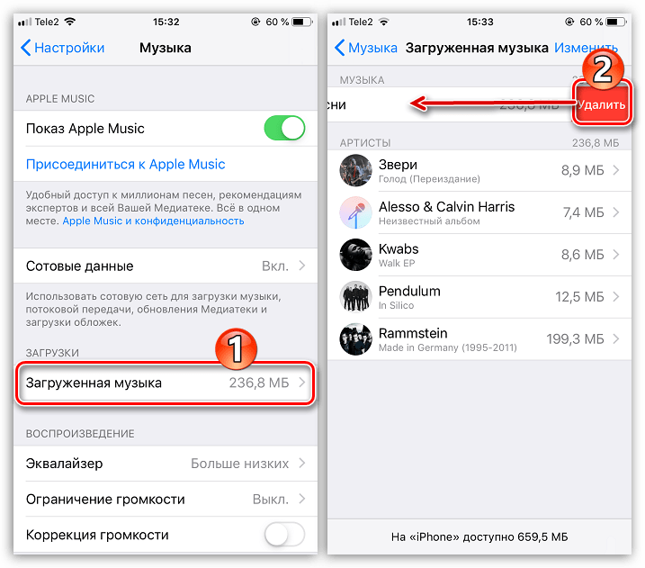 Удаление всей загруженной музыки на iPhone