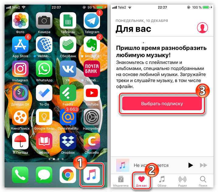 Выбор подписки в Apple Music на iPhone