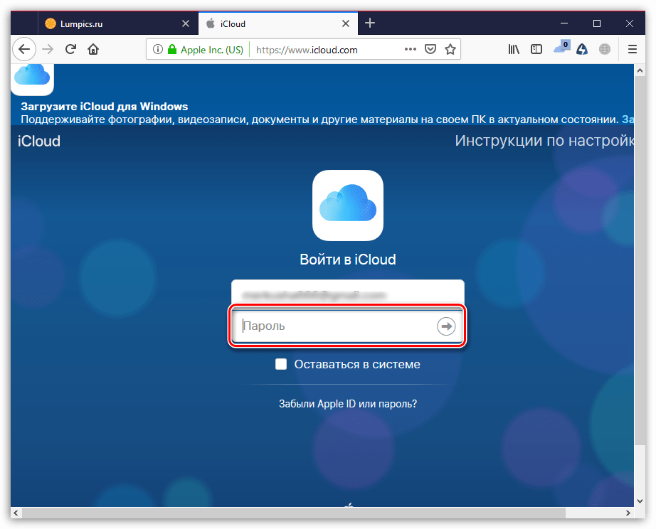 Ввод пароля от Apple ID на сайте iCloud