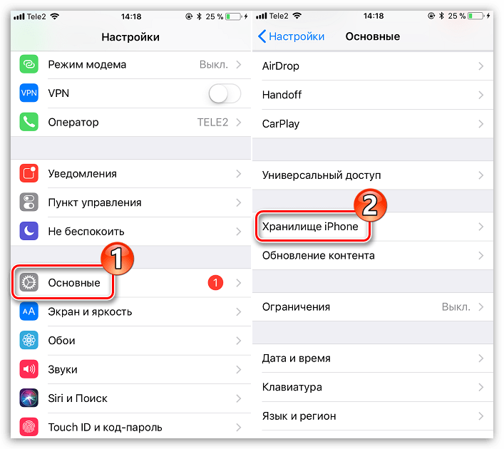 Настройки хранилища iPhone