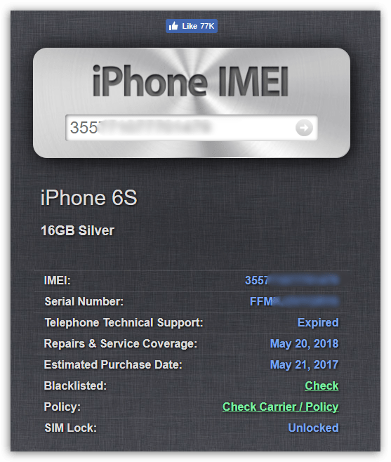 Просмотр информации по IMEI на сайте iPhoneIMEI.info