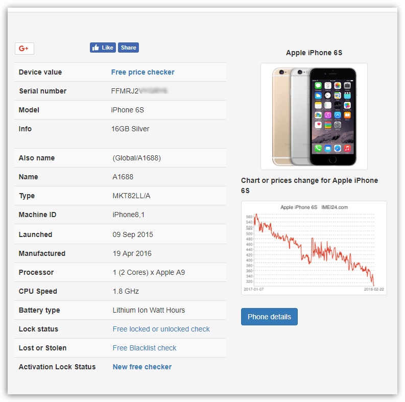 Просмотр информации об iPhone на сайте IMEI24.com