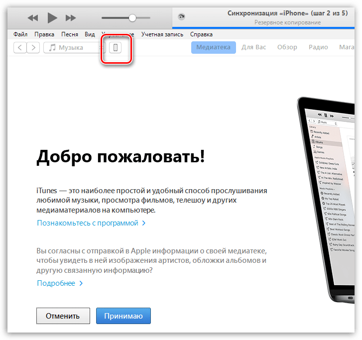 Переход в меню управления iPhone в iTunes