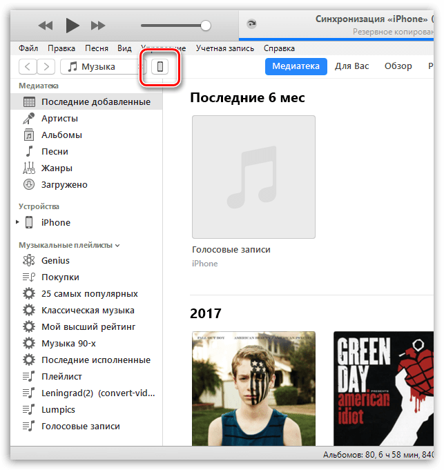 Меню управления iPhone в iTunes