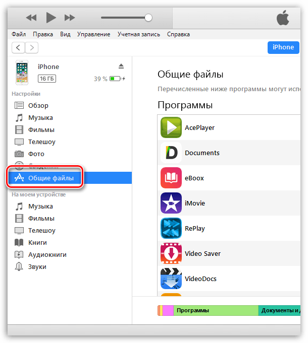 Общие файлы в iTunes