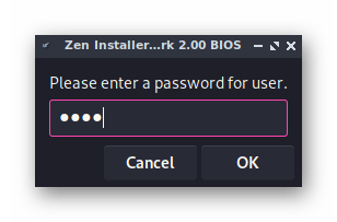 Подтверждение пароля пользователя перед инсталляцией Zen Installer