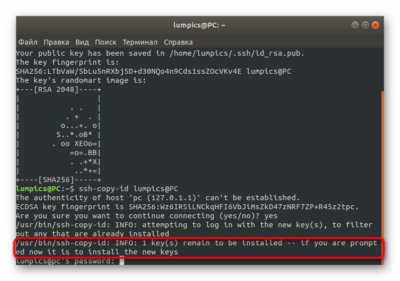 Информация об успешном копировании ключа SSH в Debian стандартным способом