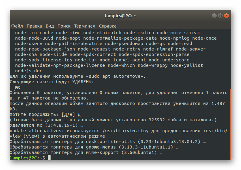 Успешное удаление программы через терминал Debian