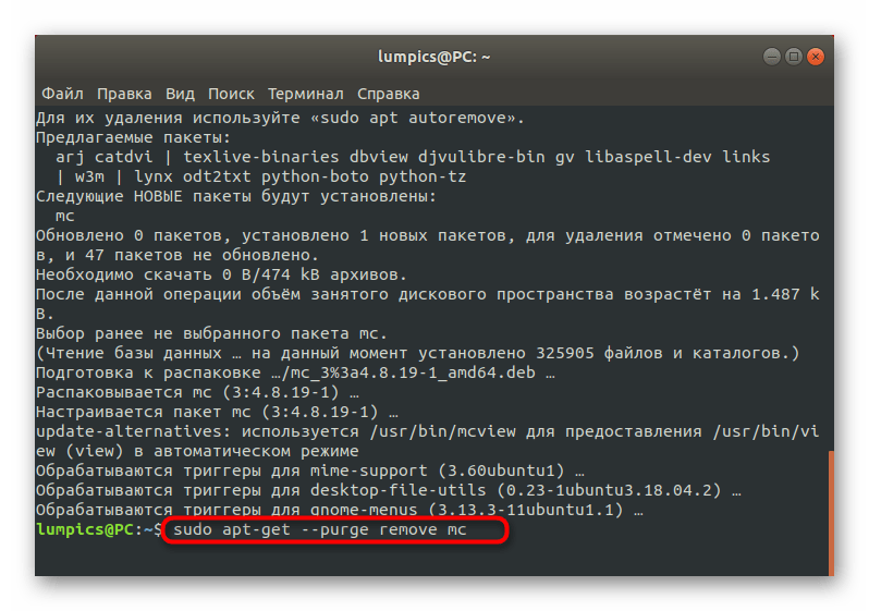 Ввод команды для удаления остаточных файлов после деинсталляции программы Debian