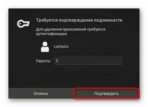 Ввод пароля для подтверждения удаления программы через графический интерфейс Debian