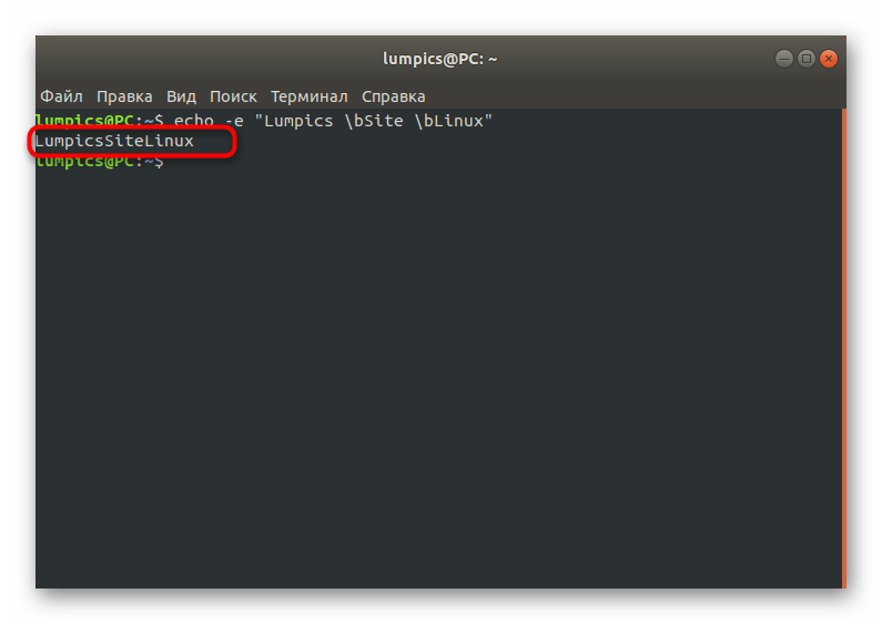 Результат использования echo в Linux с опцией удаления предыдущего символа