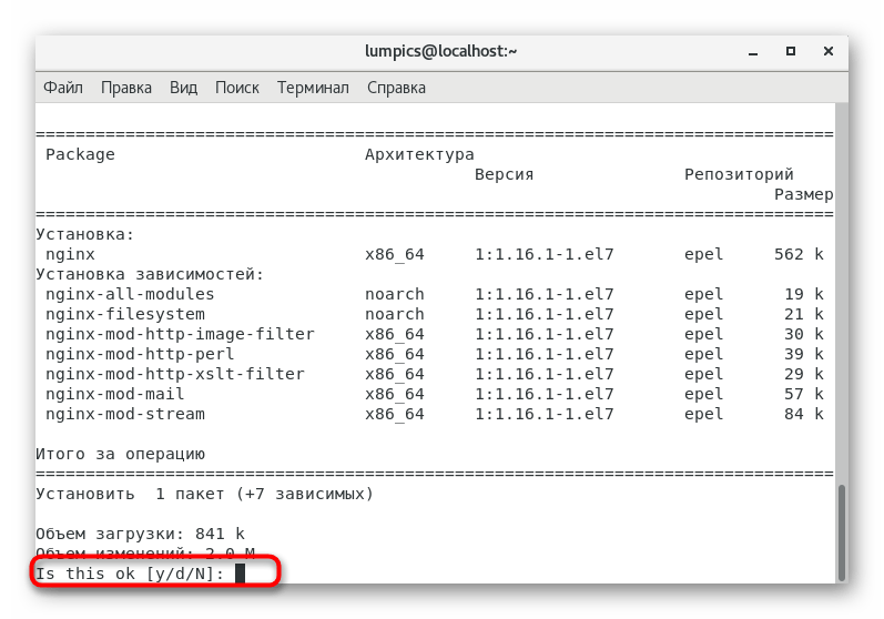 Подтверждение установки пакетов веб-сервера Nginx в CentOS 7