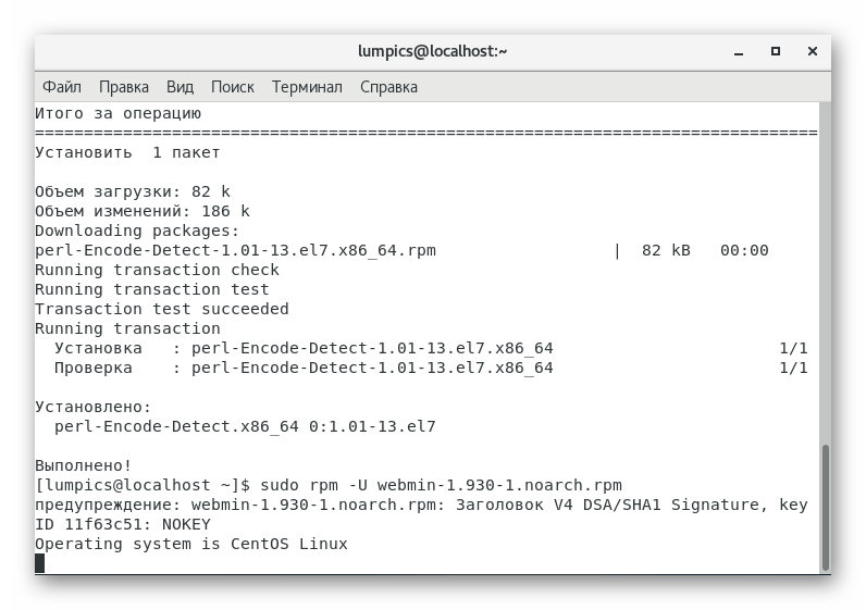 Ожидание завершения установки Webmin в CentOS 7 с официального сайта