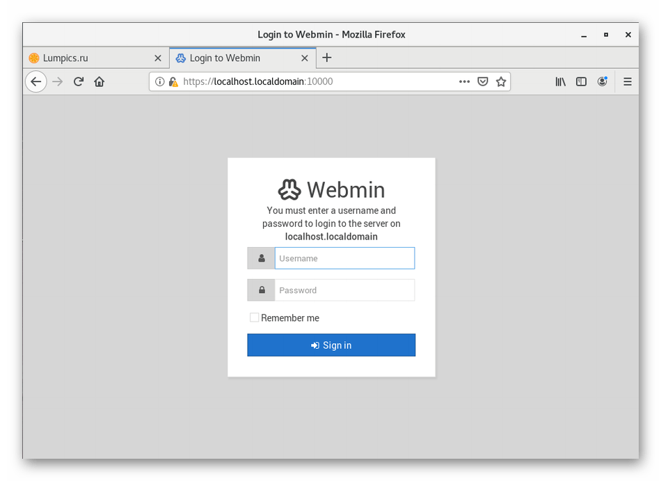 Пробная авторизация в Webmin в CentOS 7 после инсталляции