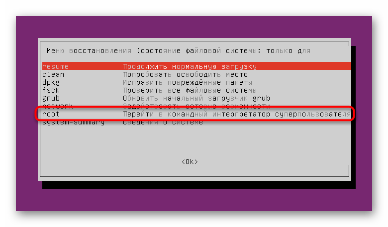 Запуск консоли в режиме восстановления для смены пароля root в Linux