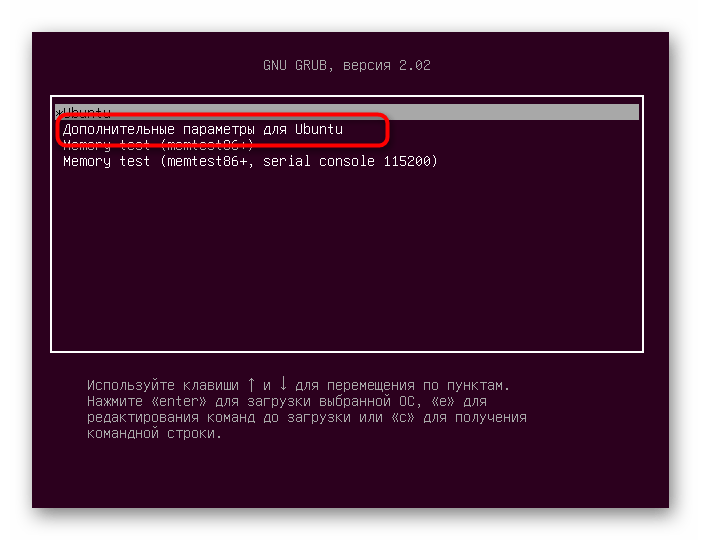 Переход к дополнительным параметрам загрузки Ubuntu