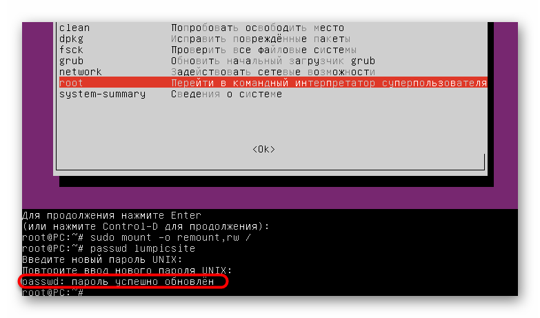 Информация об успешной смене пароля пользователя в режиме восстановления Ubuntu