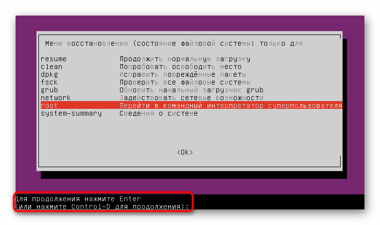 Подтверждение запуска командной строки в режиме восстановления Ubuntu