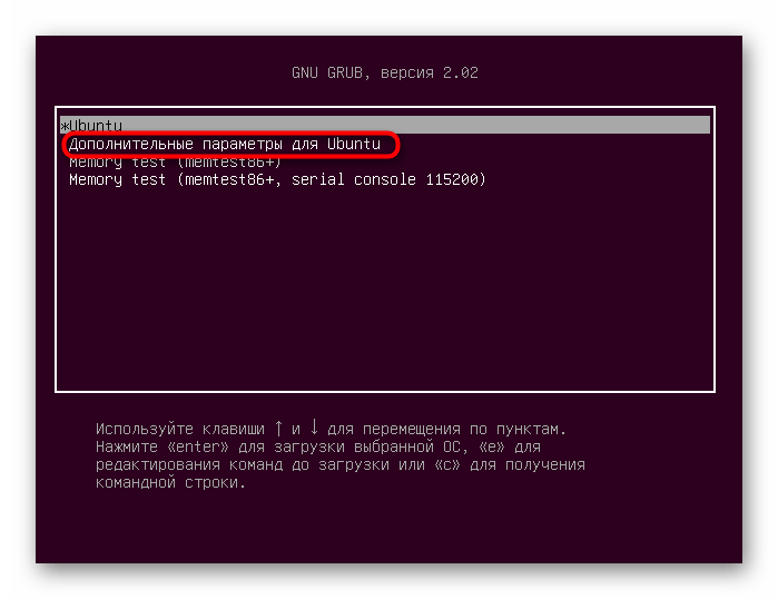 Выбор дополнительных параметров для загрузки Ubuntu