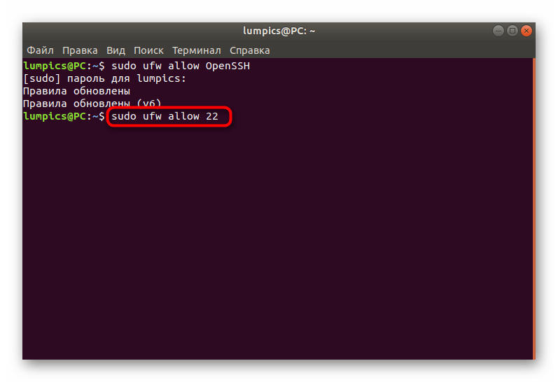 Ввод команды для внесения правил по номеру порта в UFW в Ubuntu