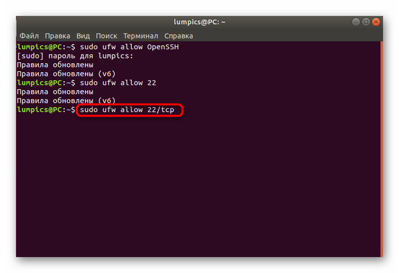 Ввод команды для внесения правил по номеру порта и протоколу в UFW в Ubuntu