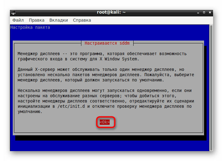 Подтверждение перехода к настройке Менеджера дисплеев KDE в Kali Linux