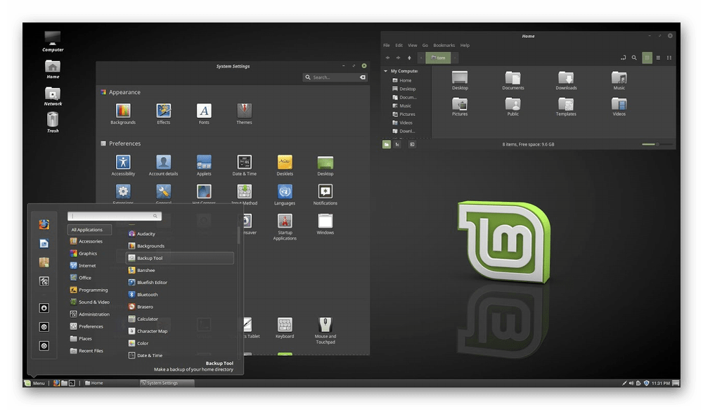 Внешний вид среды рабочего стола Cinnamon для операционных систем Linux