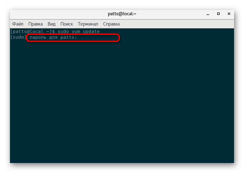 Ввод пароля для обновления системных библиотек в CentOS