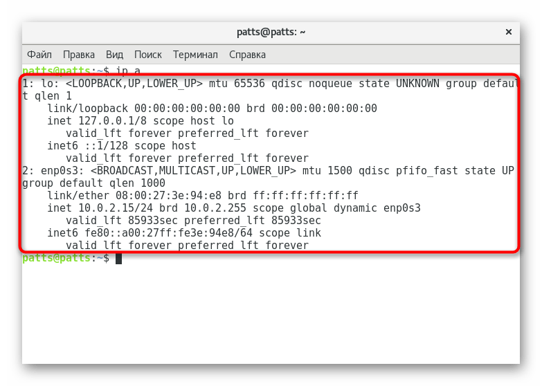 Отображение информации при выполнении команды ip в Debian 9