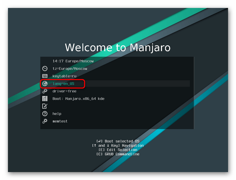 Переход к выбору языка системы перед установкой Manjaro