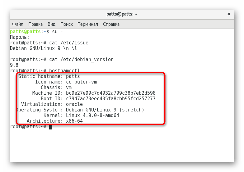 Выдача после активации команды hostnamectl для определения версии Debian