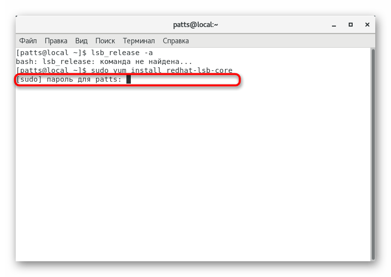 Ввод пароля для установки компонентов LSB в операционную систему CentOS