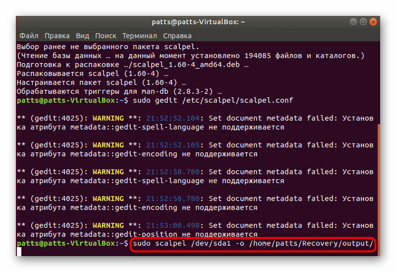 Запуск команды для восстановления файлов Scalpel в Ubuntu