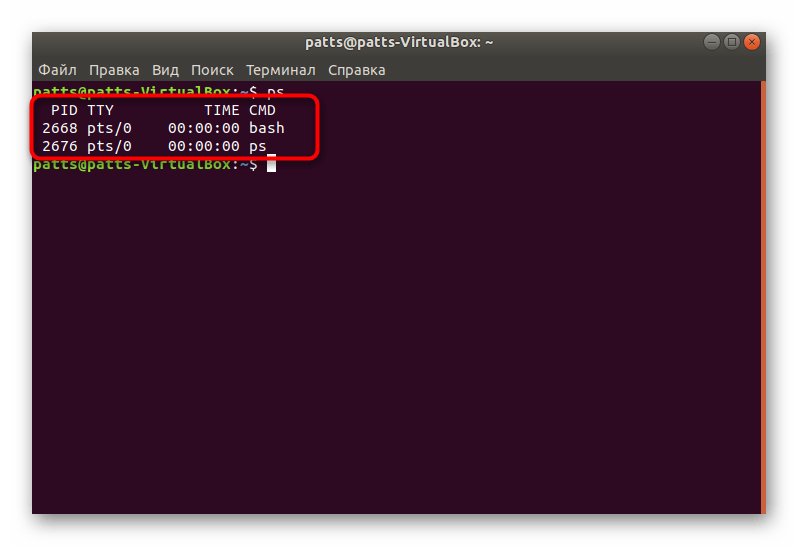 Вид команды ps без аргументов в Linux