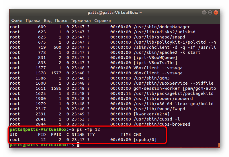 Действие команды ps -fp в консоли ОС Linux