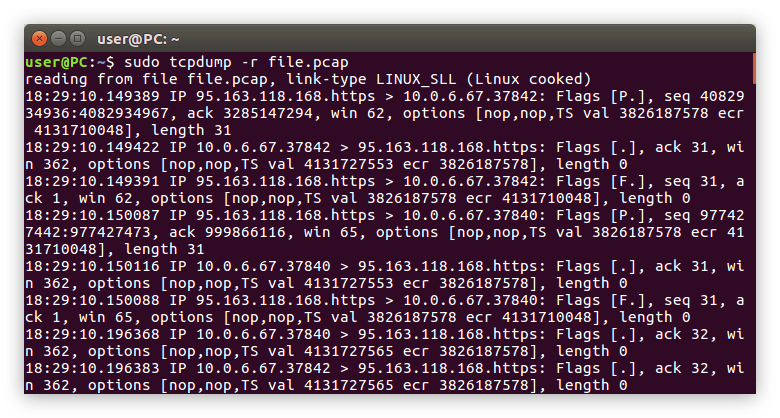 пример просмотра ранее сохраненного файла команды tcpdump с помощью опции w