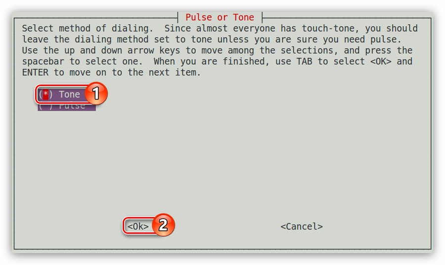 окно pulse or tone в утилите pppconfig при настройке соединения dial up в debian