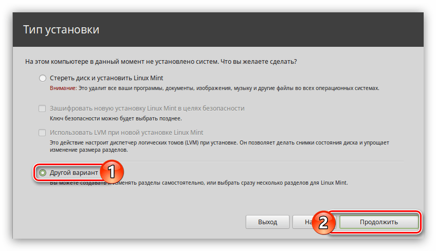 выбор типа установки linux mint