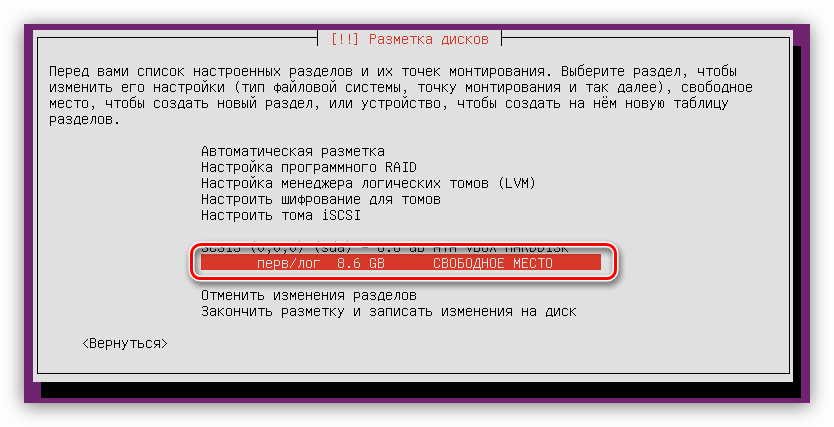 выбор свободного места для разметки дискового пространства при установке ubuntu server