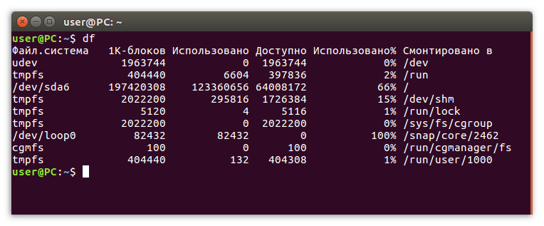 команда df в терминале linux