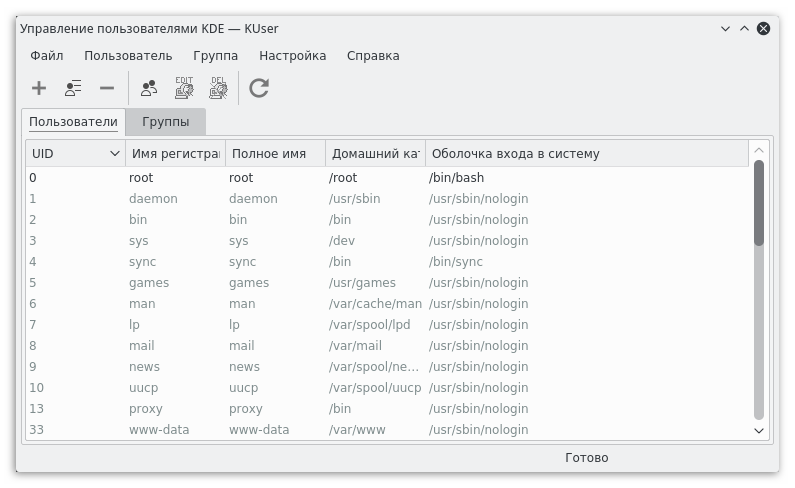 главный экран программы kuser на линукс kde