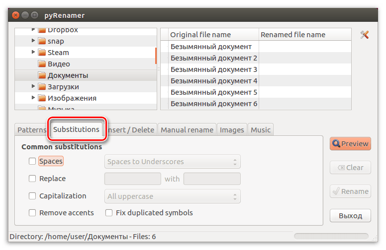 вкладка substitutions в программе pyrenamer в linux